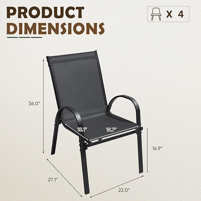 Flamaker Patio Chairs Stackable Dining Chairs Set of 4 Metal and Teslin Outdoor Chairs for Lawn Deck Porch Balcony (Black)