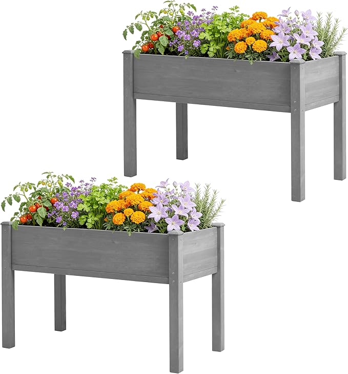 SoliWood Set of 2 Raised Garden Bed with Legs, 48x24x30'', Outdoor Wood Elevated Planter Box, Grey Cedar, Thick Legs, w/Liner