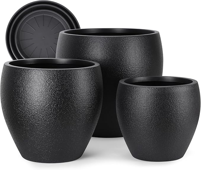 Plant Pots 17.5/14.8/12.2 inch Set of 3, Flower Pots with Drainage Holes, Large Planters for Indoor Outdoor Garden Plants and Flowers. (Black)