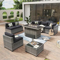 Aoxun 8 Piece Patio Furniture Set with 44'' Fire Pit Table Wicker Rattan Patio Conversation Set Outdoor Sectional Sofa Set with Coffee Table, Grey/Black (Waterproof Cover Included)