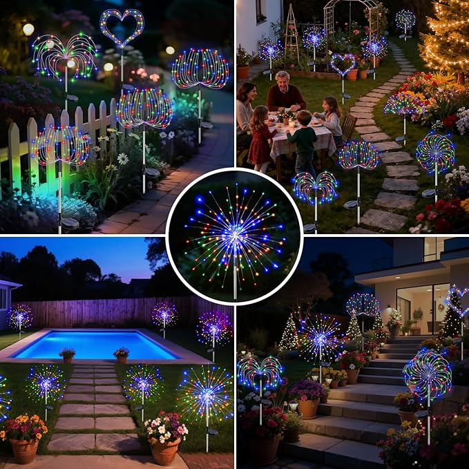 btfarm 1 Pack Solar Garden Lights Outdoor, 8 Modes Firework Lights Solar Powered, Waterproof Twinkle Fairy Light Outside for Yard Patio Pathway Pool Christmas Party Decorative, Multicolor