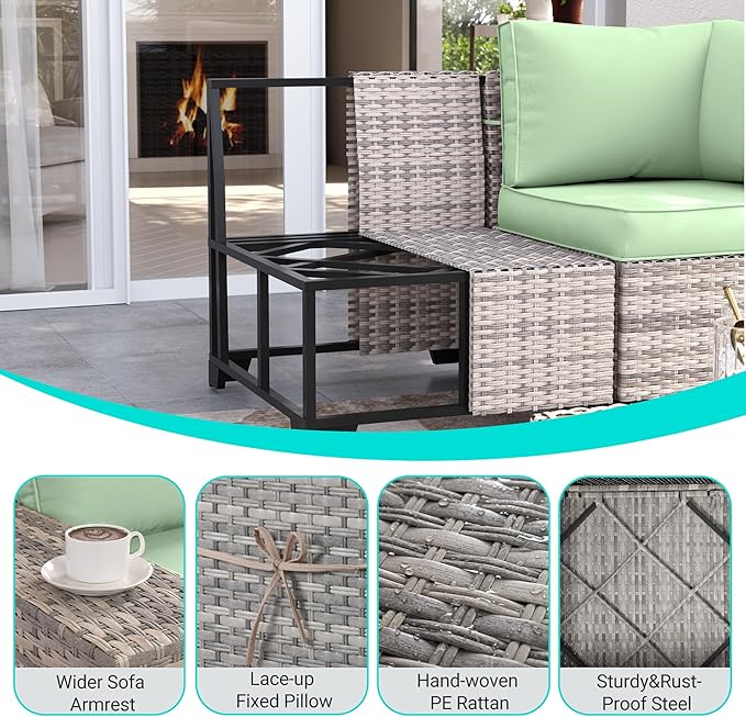 12-Piece Outdoor Patio Furniture Set Wicker Sectional Sofa Set, Patio Conversation Set with Thickened Cushions & Coffee Table for Garden, Backyard, Poolside, Light Green