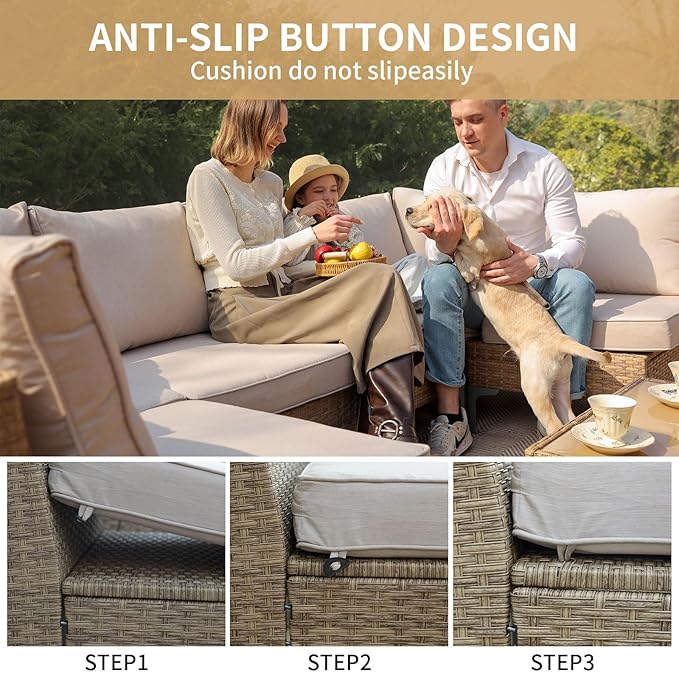 Jing's Villa 5-Piece Outdoor Patio Furniture Set,Ratten Conversation Sectional Sofa w/Coffee Table, All-Weather Patio Conversation Set with Thick and Anti-Slip Cushions for Backyard,Deck,Beige