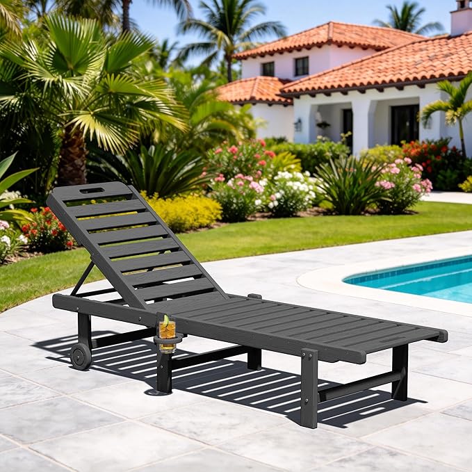 SERWALL Outdoor Chaise Lounge Chair, HDPE Patio Lounge Chair with Cup Holder, 5 Positions Adjustable Poly Lounger with Rolling Wheels for Poolside, Deck, Sunbathing, Grey