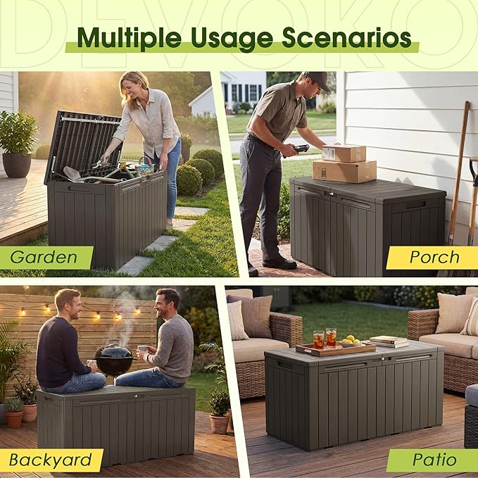 Devoko 100 Gallon Outdoor Storage Box, Waterproof Resin Deck Box for Patio Furniture, Lockable Container for Garden Cushions & Pool Supplies (Brown, 100 Gallon)