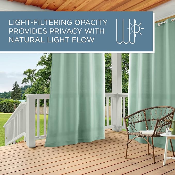TOWN & COUNTRY BASICS Cabana Solid Heavyweight Indoor Outdoor Curtains, Light Filtering Opacity with Grommet Top, Water Repellent, 2-Pack Set, 54"x96", Seafoam