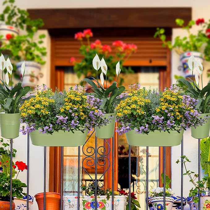 HowRU Metal Iron Flower Pots for Railing Fence Hanging Bucket Pots(5 Pcs) and Hanging Flower Pots Metal Iron Bucket Planter(10 Pcs) (Green)