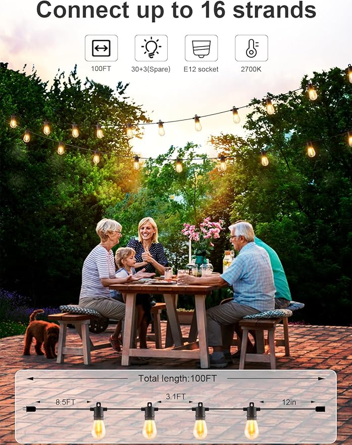Svater LED Outdoor String Lights 100 FT, Patio Lights with Shatterproof Bulbs, Outside Hanging Light Waterproof for Porch, Deck, Garden, Backyard, Balcony, Dimmable 2700K