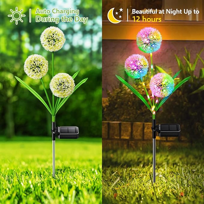 Solar Lights Outdoor Garden Decor: 2 Pack Upgraded Solar Dandelion Garden Light Decorative Landscape Lighting - Waterproof Outside Color Gift for Mothers Day Decoration for Yard Lawn Patio