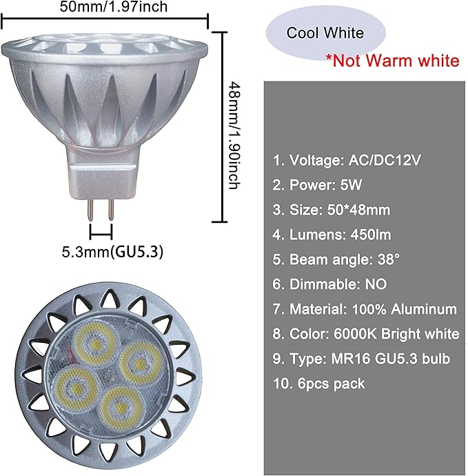 ALIDE MR16 Led Bulbs 6000K Daylight Bright Cool White 5W,Replace 20W 35W Halogen Equivalent,12V MR16 GU5.3 Low Voltage Bulb for Outdoor Landscape Track Ceil Lighting,Not Dimmable,450lm,38 Deg,6 Pack