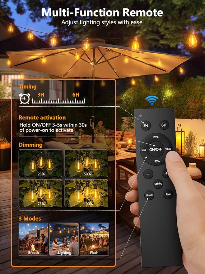 luckystyle 200FT LED Outdoor String Lights with Remote, 74+2 Shatterproof Bulbs Waterproof and Dimmable Patio Lights for Porch, Garden, Backyard, Deck, Balcony, 2700K Hanging Lighting