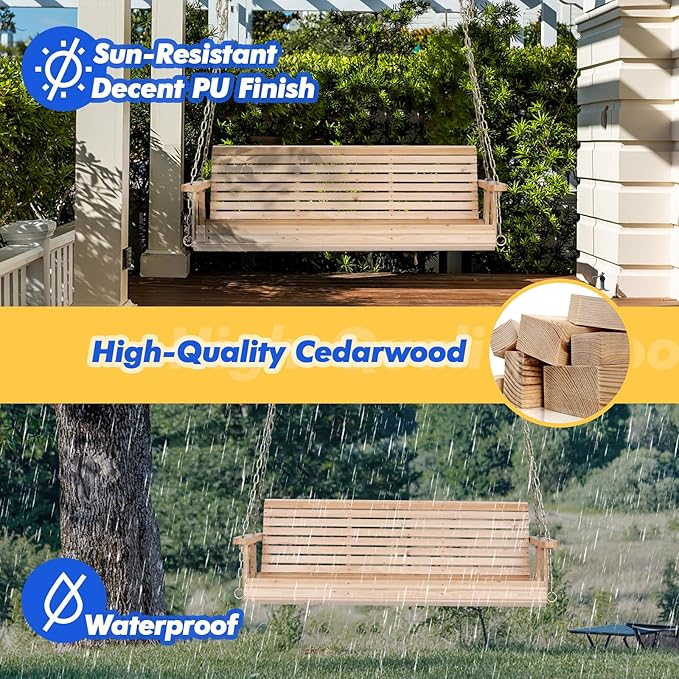 VINGLI Upgraded Patio Wooden Porch Swing for Courtyard & Garden, Heavy Duty 880 LBS Swing Chair Bench with Hanging Chains for Outdoors (Natural, 5 FT)