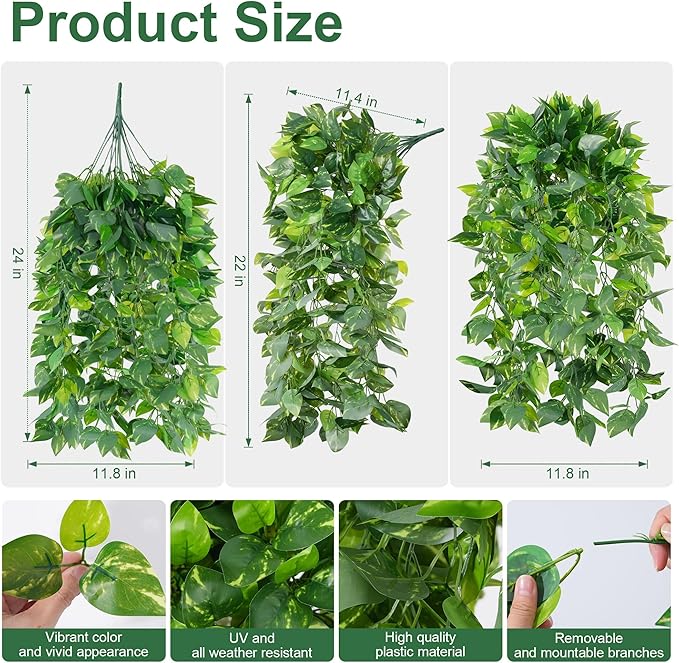 Faux Outdoor Plants Fake Hanging Plants for Outdoors Outside Decorations, 2 Pcs Green Faux Pothos Plant Vines Realistic UV Resistant Artificial Greenery for Planters Porch Garden Yard Front Door Patio