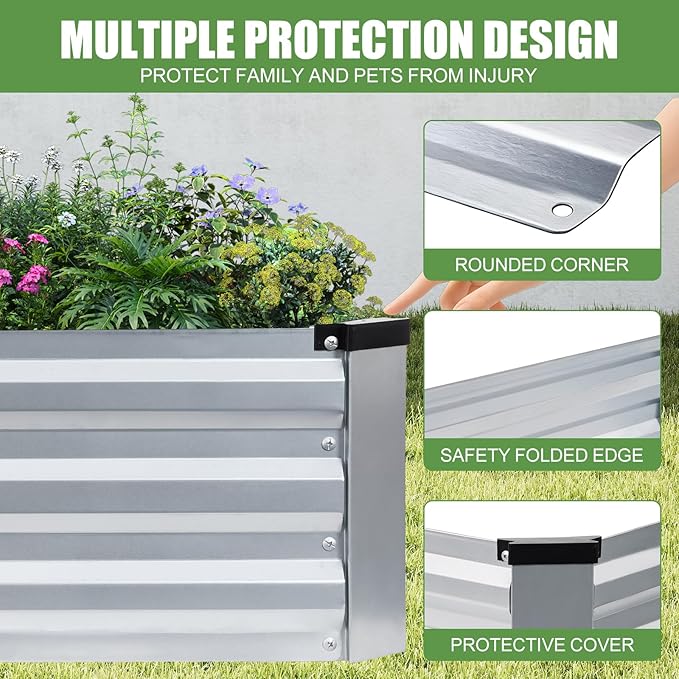 Galvanized Raised Garden Bed Outdoor | Metal Raised Garden Bed for Gardening 2Pack | Large Planter Box for Vegetables Flowers Fruits | Easy Assembly & Safety Design Flower Beds 8x4x1ft Silver