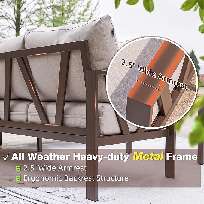 Patio Furniture Set, 6 Pieces Outdoor Couch Sectional, L Shaped Patio Sofa, Metal Patio Couch Sectional with Side Table, Outdoor Seating Conversation Set, Beige