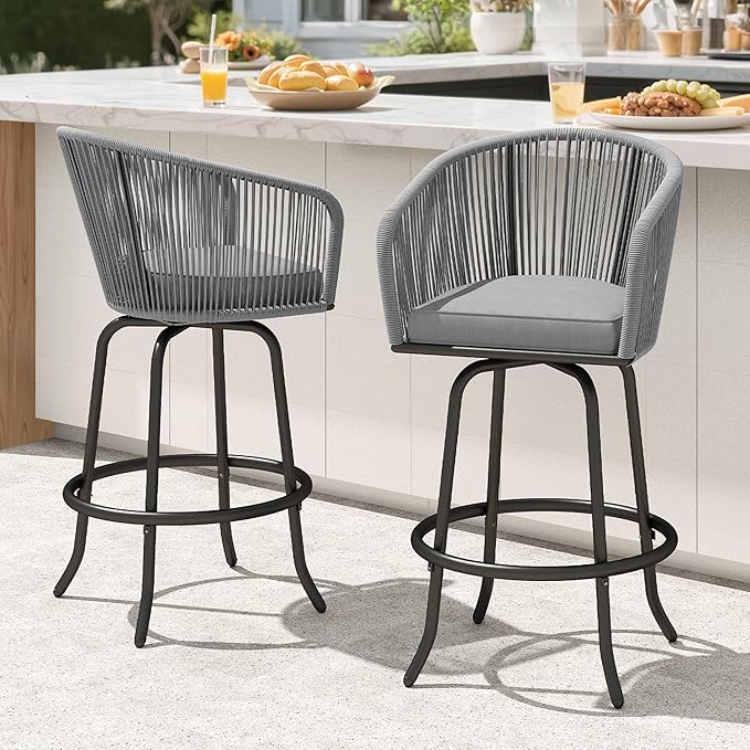 DWVO Outdoor Counter Height Bar Stools Set of 2, Patio Swivel Bar Chairs with Soft Cushions, 360° Rotation, Bar Height Rattan Chairs for Backyard, Poolside, Garden, Gray