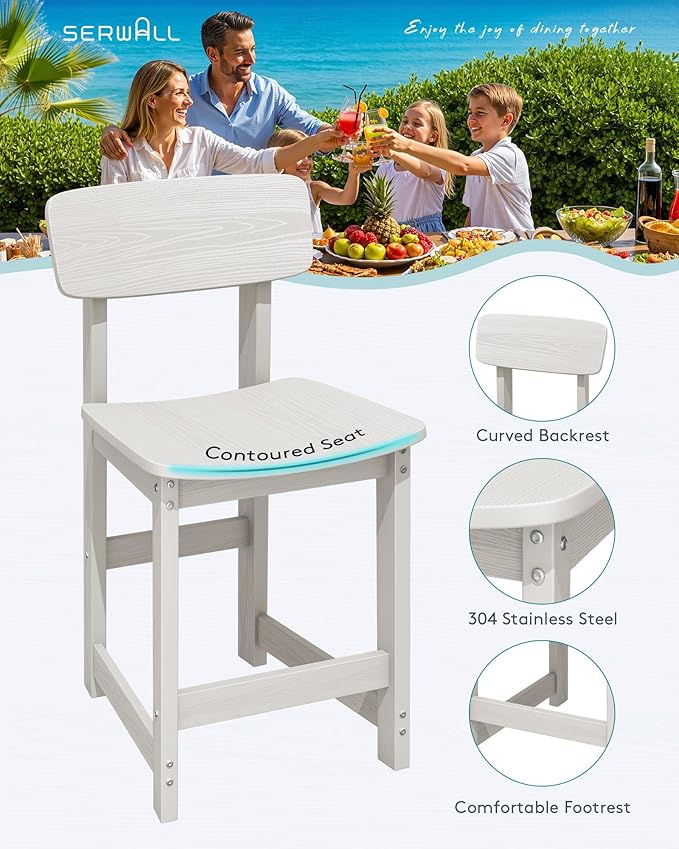 SERWALL 3-Piece Outdoor Counter Height Bar Set, HDPE Patio Bar Table with Wine Rack & Storage Shelf, 2 All-Weather Bar Stools, Patio Bar Dining Furniture Set for 3, White