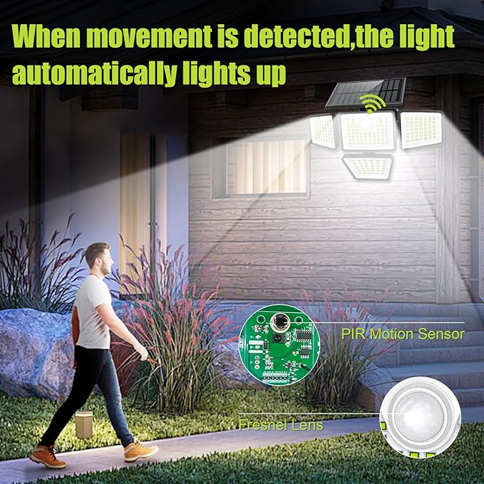 3000LM Solar Lights Outdoor with Motion Sensor,4 Head 270° Wide Angle Street Area Lights,IP65 Waterproof Security Lighting with 3 Modes(Remote,2 Pcs)