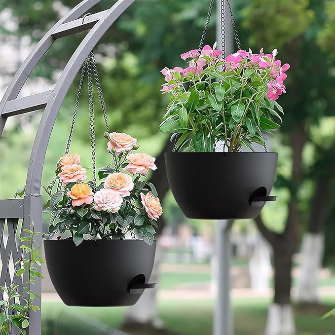 Set of 3-10 Inch Self Watering Hanging Planters for Indoor & Outdoor，Hanging Plant Pots with Drainage & Removable Tray, Hanging Pots Holder for Ivy, Spider Plants, Ferns, Balcony & Patio, Black