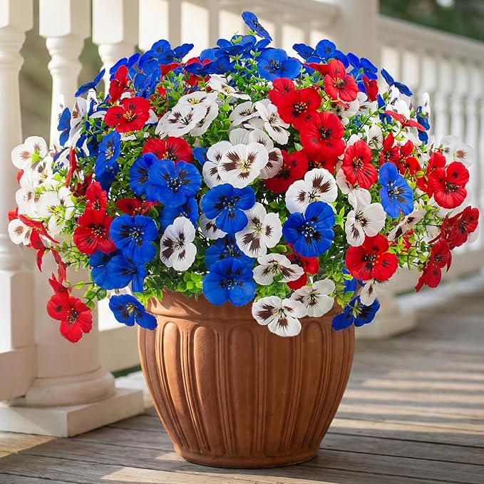 18 Pcs Artificial Fake Pansy Flowers for Outdoor, UV Resistant Faux Silk Pansies Patriotic Flowers for Outside for Planter Front Door Porch Patio Window 4th of July Home Decor (18, Red, White, Blue)