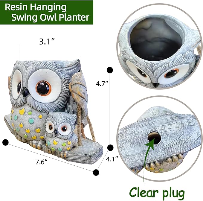 Swing Owl Hanging Planters for Indoor Plants, Cute Small Succulent Pots with Drainage Hole, Unique Resin Plant Hangers Outdoor, Hanging Plant Holder for String Of Pearls, Gift Ideas for Mother