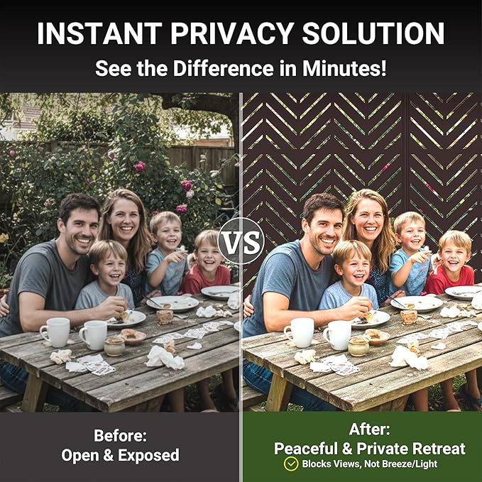 Metal Privacy Screen Outdoor – 6FT Freestanding Decorative Steel Panel with Stand, Laser-Cut Chevron Pattern Modern Privacy Divider, Rustproof & Weather-Resistant Screen for Patio, Garden & Backyard