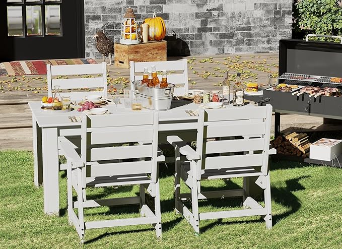 GREENVINES Outdoor Dining Table | 67’’ | HDPE | Rectangle Tables for 6 | All-Weather | Umbrella Hole | Patio Furniture | for Poolside Backyard Garden | White