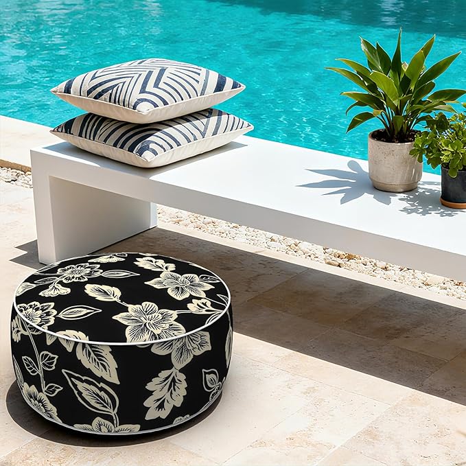 LVTXIII Indoor/Outdoor Inflatable Ottoman with Handle D21 x H9 Inch, Weather-Resistant Round Footstool Pouf for Patio Camping Living Room, Portable Footrest Extra Seating, Elegant Vines Black