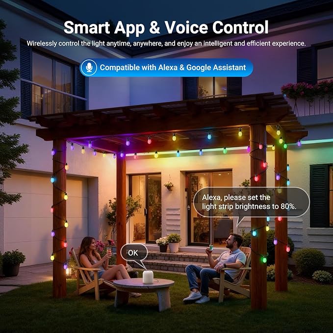 NEEWER 96ft Outdoor String Lights, App Control Smart AI RGBW Hanging Outside Warm White Patio Balcony Backyard Lighting, IP65 Waterproof, 30 LED Bulbs, 50+ Scenes, Compatible with Alexa Google, NR01