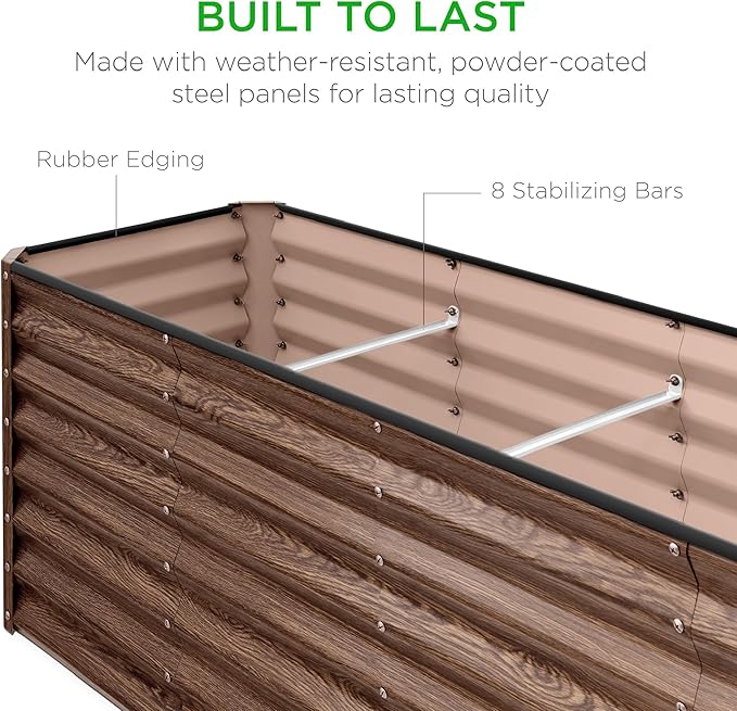 Best Choice Products 8x2x2ft Raised Outdoor Metal Garden Bed, Deep Root Box Planter for Vegetables, Flowers, Herbs, 240 Gallon Capacity, 100% Non Toxic Materials - Dark Brown Wood Grain