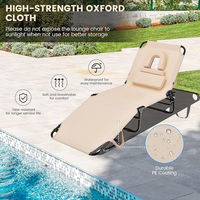 GYMAX Tanning Chair, 350lbs Beach Lounge Chair with Face Hole, Washable Pillow & Carry Strap, Adjustable Folding Chaise Lounge, Layout Lounger for Outside, Patio, Poolside, Lawn (2, Beige)