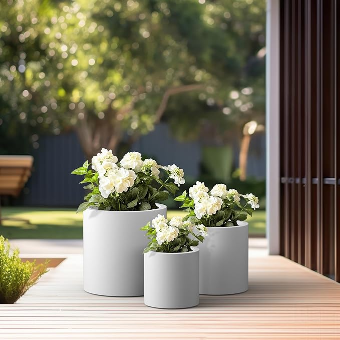 Kante RC0119ABC-C80011 Set of 3 Lightweight Concrete Modern Cylinder Outdoor Planters, 15.8, 12.9 and 9.8 Inch Diameter, Pure White