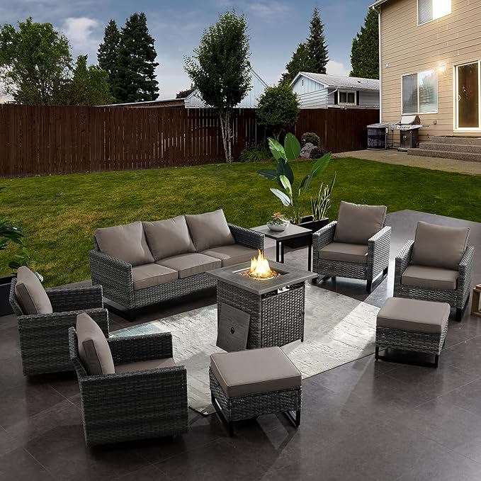 Belord Patio Furniture Set with Fire Pit Table: 9 Pieces Wicker Oversize Patio Conversation Set with Outdoor Swivel Glider Rocker Rattan Couch Ottomans, Anti-Rust Frame, Removable Cushion Grey