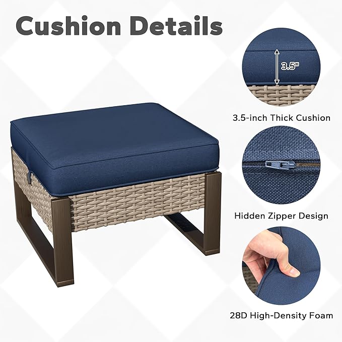 Joyside Outdoor Patio, All-Weather PE Rattan Ottomans Footstools with Removable Cushions & Anti-Rust Wood-Looking Legs for Garden, Backyard, Porch, Deck (Blue)