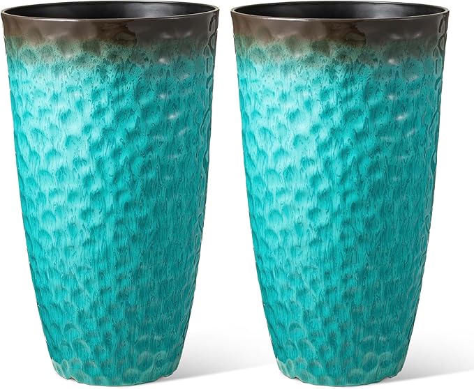 Glitzhome 23.75" H Large Planters for Outdoor Plants,Set of 2 Plastic Tall Outdoor Planters with Drainage Holes,Honeycomb Textured Gradient Turquoise Finish, Large Flower Pots for Front Porch Indoor