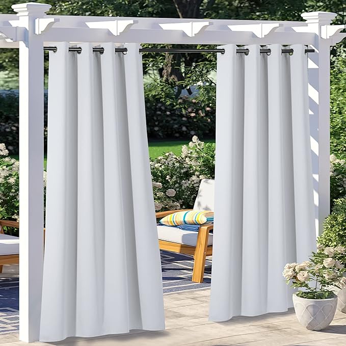 NICETOWN 2 Panels Greyish White Outdoor Curtains for Patio Waterproof, Rustproof Stainless Steel Grommet Room Darkening Thermal Insulated Vertical Drapes for Front Porch & Canvas, W52 x L84