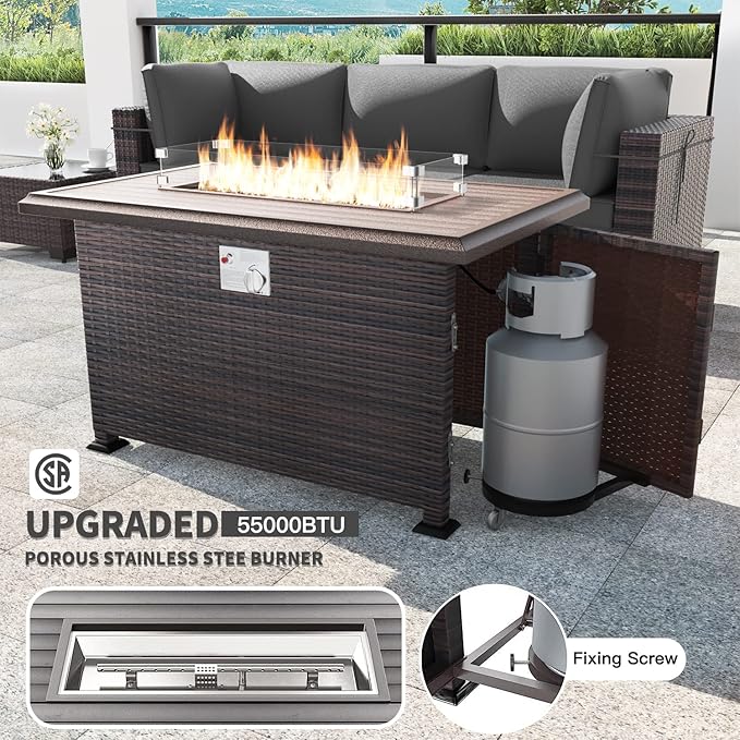 Kullavik 15PCS Outdoor Patio Furniture Set with 43" 55000BTU Gas Propane Fire Pit Table PE Wicker Rattan Sectional Sofa Patio Conversation Sets w/8 Coner Sofas,Grey