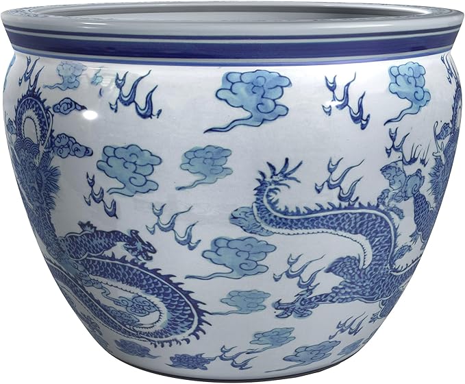 16" Dragon Blue & White Porcelain Fishbowl