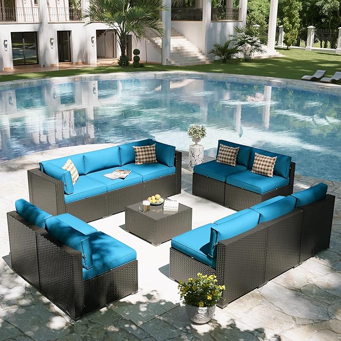 Aoxun Patio Furniture Set, 11 Piece Outdoor Sectional Sofas with Waterproof Cover, 10 Seats Wicker Rattan Outdoor Furniture Patio Conversation Set for Backyard, Garden Peacock Blue