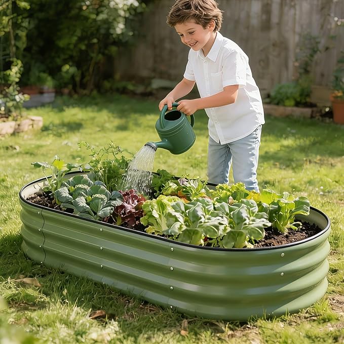 Galvanized Raised Garden Bed Outdoor, 4x2x1ft Oval Metal Raised Beds for Gardening, Rust-Resistant Garden Planter Box with Tools for Planting Vegetables, Flowers, Fruits in Lawn (Olive Green)