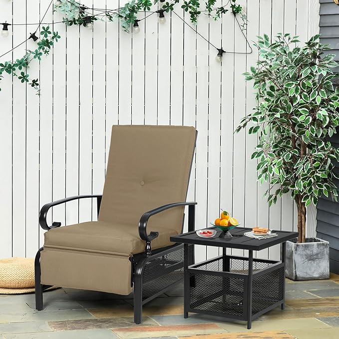 Oakcloud Adjustable Outdoor Lounge Chair Metal Patio Relaxing Recliner Chair Set with Bistro Table and Removable Cushions(Brown)