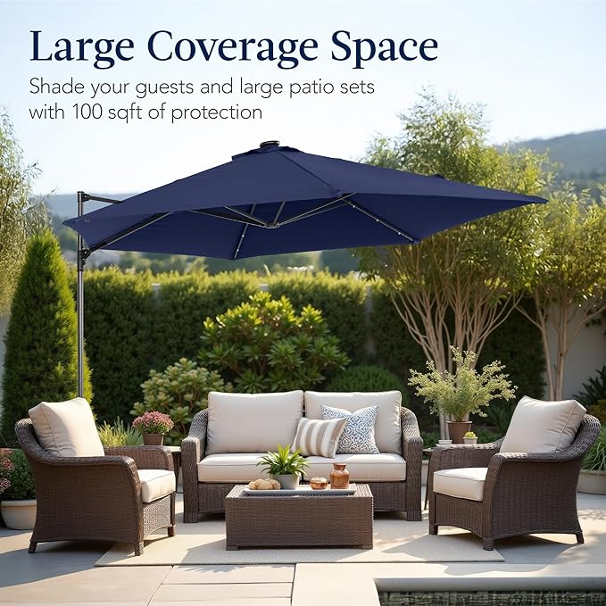 Best Choice Products 10ft Solar LED Offset Cantilever Hanging Market Patio Umbrella, Smooth 360° Rotation, 8 Sturdy Ribs, Easy Adjustment - Navy Blue