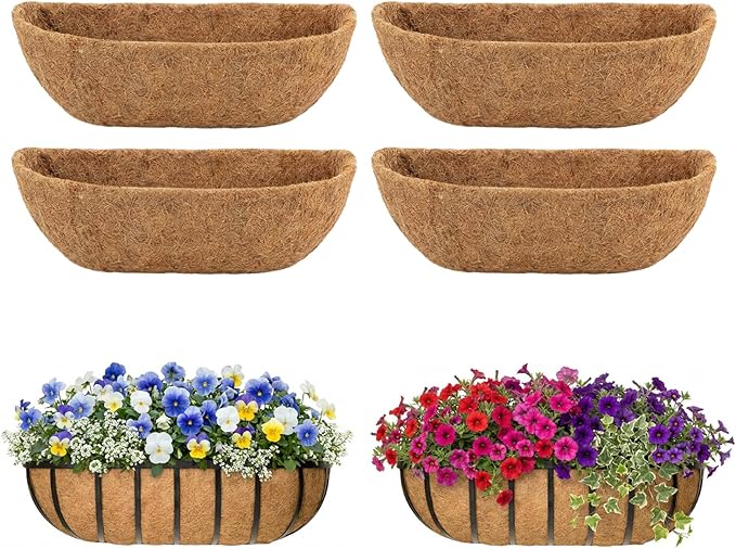 4 Pcs 30 Inch Trough Coco Liner for Window Box, 100% Natural Half Moon Coconut Coir Planter, Replaceable Coconut Fiber Liner for Window Boxes & Fence Flower Baskets (4, 30 inch)