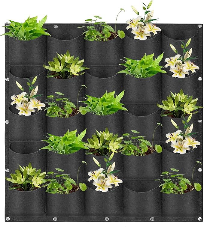 Hanging Planting Grow Bags, 25 Pockets Hanging Vertical Wall Planter Wall Mounted Grow Bag Outdoor Indoor Gardening Vertical Greening Flower Container, Planting Bags Storage Bags(1.0 m × 1.0 m, Black)
