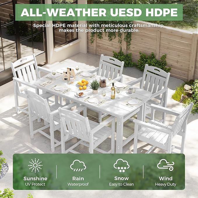 HDPE Outdoor Patio Dining Set with Table & 6 Chairs, All-Weather 7-Piece Outdoor Table and Chairs, 2" Umbrella Hole, Patio Furniture for Garden, Backyard, Deck | White