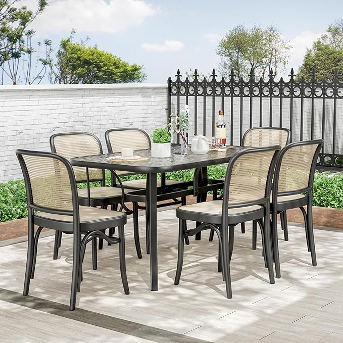 TLSUNNY Patio Outdoor Table W/ 1.69″ Umbrella Hole, 30"X 55" Rectangular Tempered Glass Patio Dining Table for 6, Outdoor Metal Furniture, All-Weather Use, for Patio, Graden, Backyard (Black)