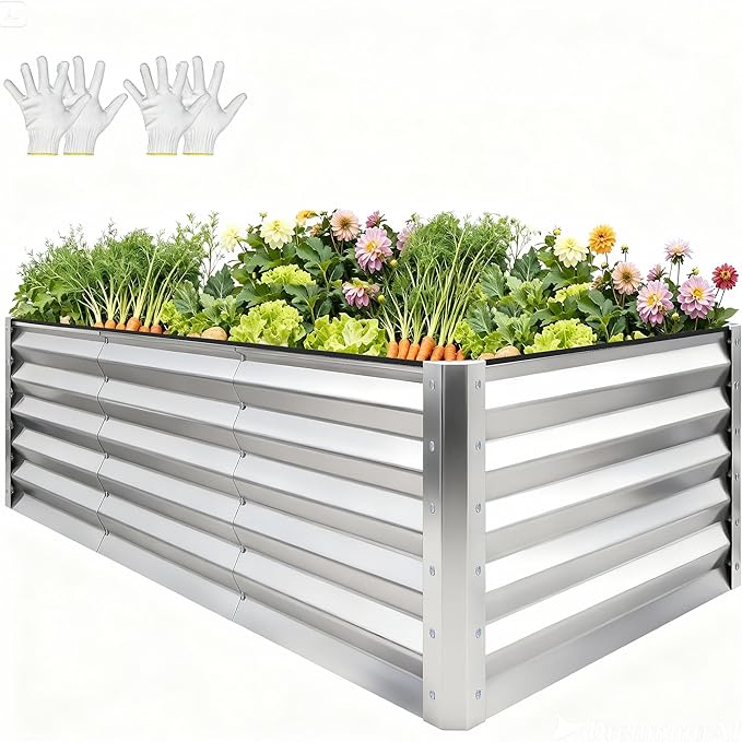 YITAHOME 8x4x3ft Large Raised Garden Bed Kit, Galvanized Metal Planter Box with Gloves, Support Rod & Safety Rubber, Outdoor Above Ground Planters for Plants Vegetables Flowers, Silver