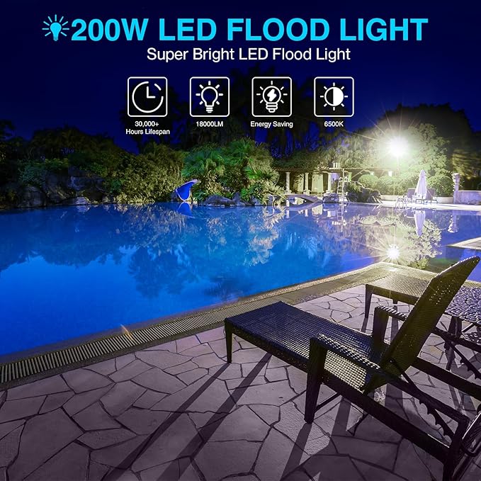 Olafus 2 Pack 200W LED Flood Light Outdoor, 18000LM Super Bright IP66 Waterproof Exterior Security Lights with Plug, 6500K Daylight White Exterior Floodlights for Stadium Yard Barn
