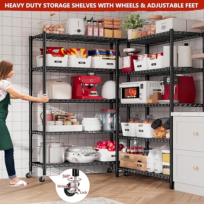Xcity Storage Shelves, 5 Tier Heavy Duty Metal Shelving Unit with Wheels, 2500 LBS Capacity Adjustable Steel Wire Shelf Organizer for Pantry, Kitchen, Garage, 18" D x 48" W x 72" H, Black
