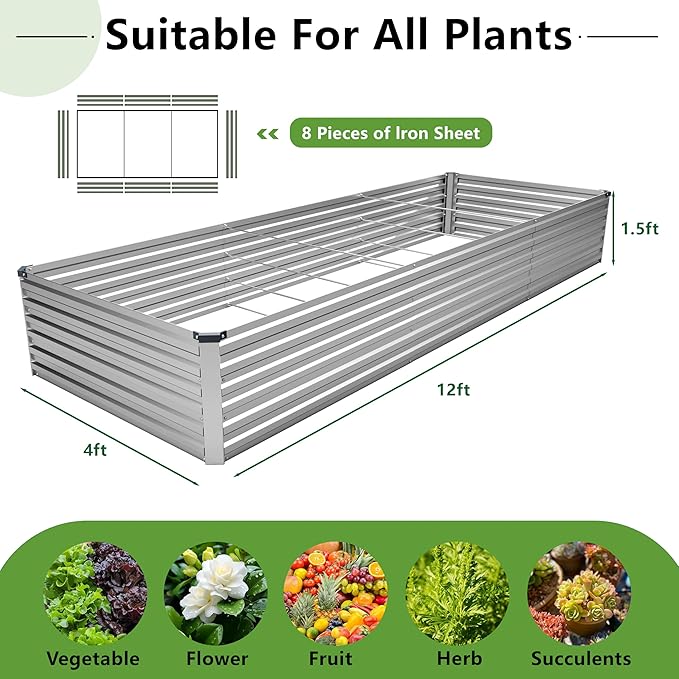 12x4x1.5FT Galvanized Raised Garden Bed,Vegetable Boxes-Rectangle Metal Flower Box,Large Planter Raised Beds Outdoor Garden for Planting,Fruit,Herb-Silver